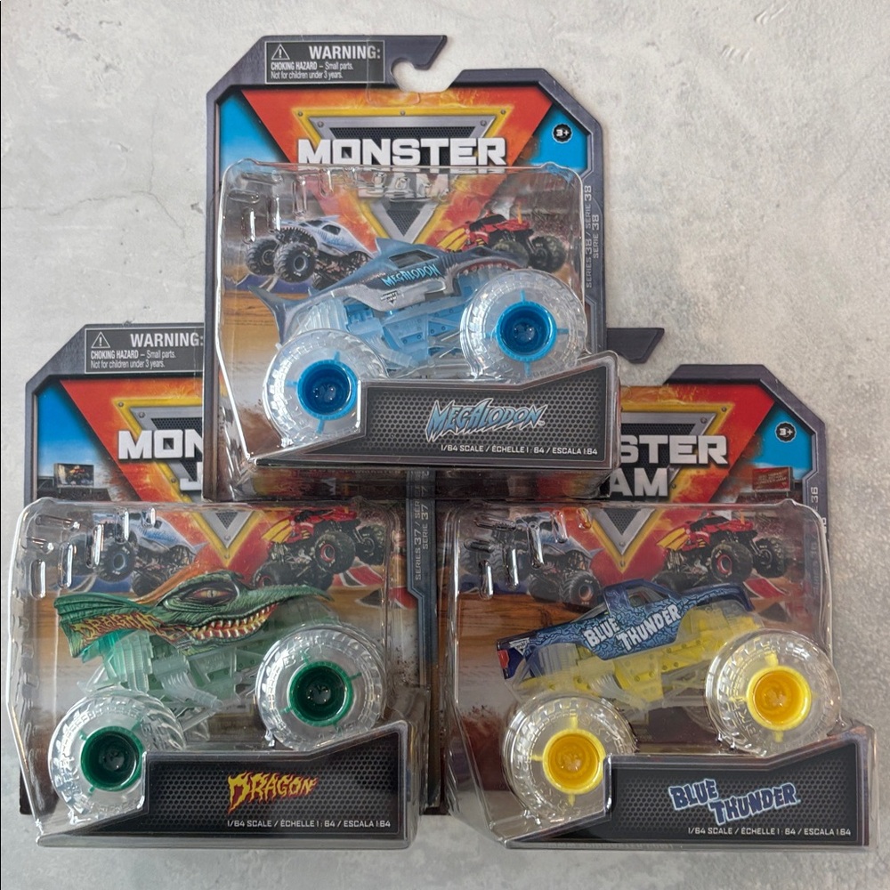 Monster Jam Ghost Truck Series trucks- Blue Thunder, Megalodon, Dragon 1:64